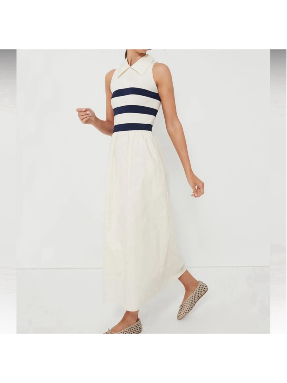 Tuckernuck Ivory Stripe Marina Midi Dress Medium Collared Coastal Nautical Prep - Picture 3 of 10